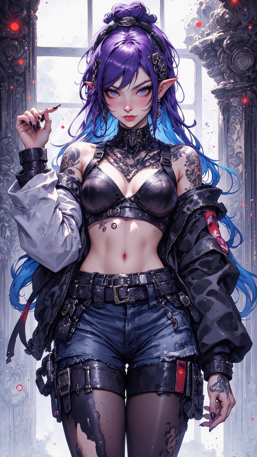 (​masterpiece:1.3)、(top-quality)、(in 8K,4K),(Intricate details)、reallistic、(1girl in:1.8)、独奏、(parka、Paint Stain Shorts)、20yr old、short-cut、lightblue hair、Black eyes、((Students of art universities))、Transparent white and transparent skin、Introverted、Height 160cm、slim figure,(Tattoo in the shape of a fish:1.2)、((♓︎ Hair ornament in the shape of)),((Scales in parts of the body)), Poetry and music,Paintings and posters of your favorite works on the wall、Interested in astrology and tarot cards、I like to look at the starry sky