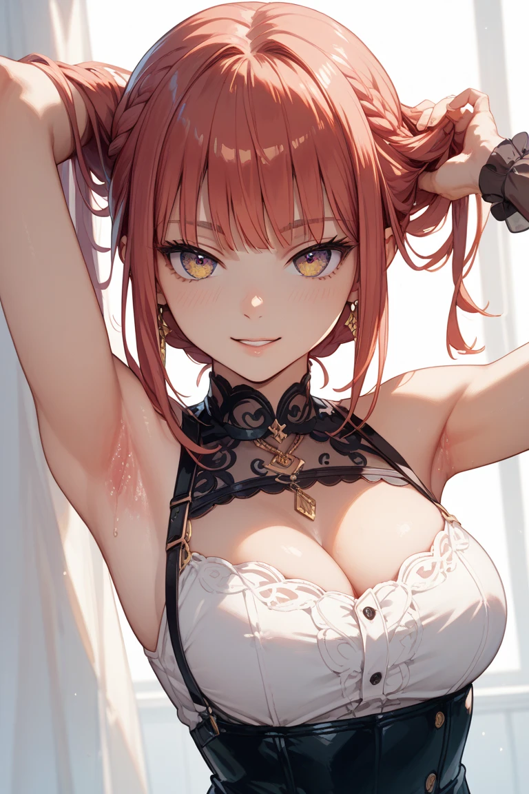 Highest quality、highest quality、Highest Resolution、beautiful girl, Bright red hair,Short Hair、Big Tits、Hair clip, Detailed purple eyes, Red garter belt,Black lace、Firm breasts,Gold Necklace、Golden earrings、In close range、Sexy look、Poses that accentuate the chest、