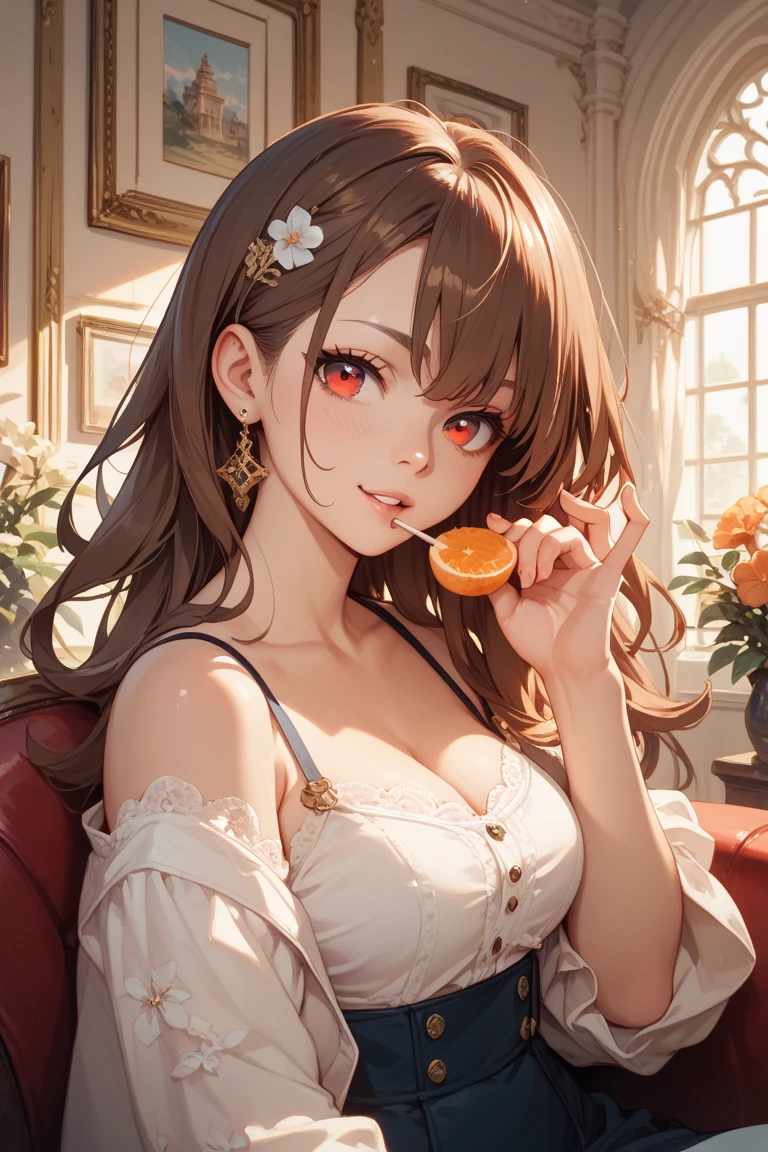 smile, <lora:MaryHunt:1> MaryHunt, hair flower, frilled dress, yellow dress, cleavage, choker, earrings, long sleeves, <lora:yandere_trance:1> yandere trance, yandere, hands on own face,hands on own cheeks, ultra detailed, masterpiece, best quality, aesthetic, detailed,