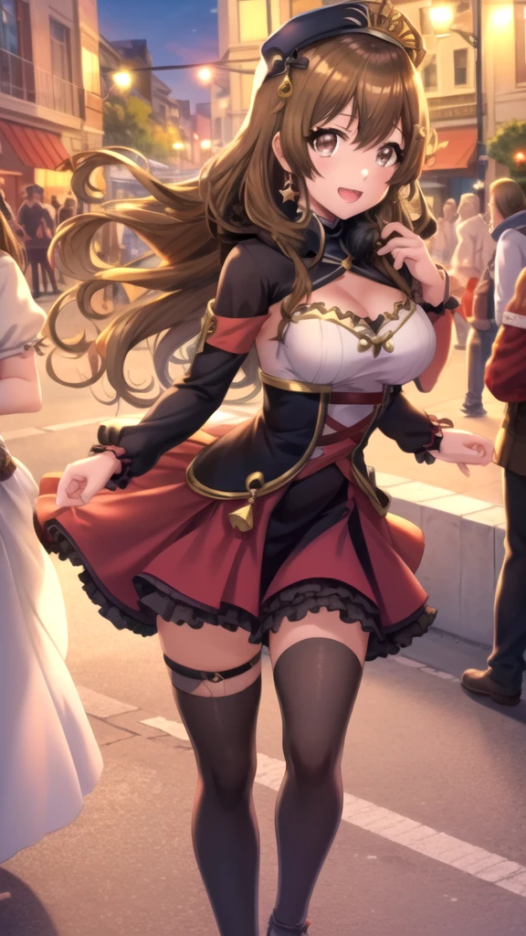 ((Tabletop, highest quality, High resolution, , Pixel Perfect, 4K, ))), Beautiful woman,, alone, beauty、The whole body is visible、 (((Sexy Witch Cosplay), Long dark blonde wavy hair、Off-the-shoulder jacket, Dark blue flared skirt、Witch Hat、Mid-wave hair, bangs, Brown Hair)), ((Brown eyes, Beautiful eyelashes, Realistic eyes)), ((Detailed face, Blushing:1.2)), ((Smooth texture:0.75, Realistic texture:0.65, Realistic:1.1, Anime CG Style)), Center of chest, Dynamic Angle, Perfect body, ((,)), 、、Very embarrassing panic smile, 、Castle town square、(The wind flipped up her skirt, 、Touching the crotch with both hands、、Arms crossed pose、Show your ass、Her white and light blue floral lace panties、)、Angle from below