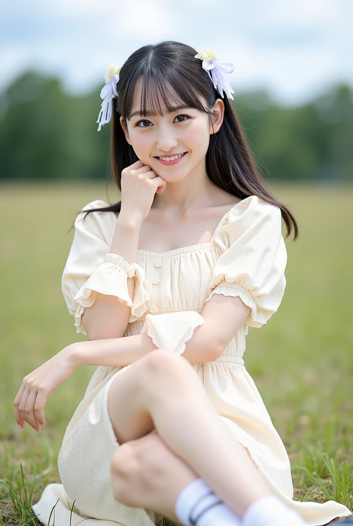 Bust is large、The waist was narrow and tight、Thin body、Long hair straight、Beautiful Japanese girl in her late teens。Fine-grained skin、The color is white。She has a white, round face and a cute, childlike face.。Smiling and looking at the audience。Her outfit is an ivory dress with pink floral print and a frilly apron.。Playing on the garden swing。