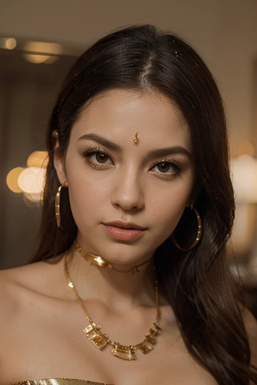 um bindi no centro da testa, Templo Real Bonito, joia, gema, colar, pulseira de ouro, tornozeleiras, thick lips, Hands on lips, dentadura da pele, parted lips, (olhos detalhados), (pose sedutora), ulzzang-6500-v1.1, (seios grandes:1.2)