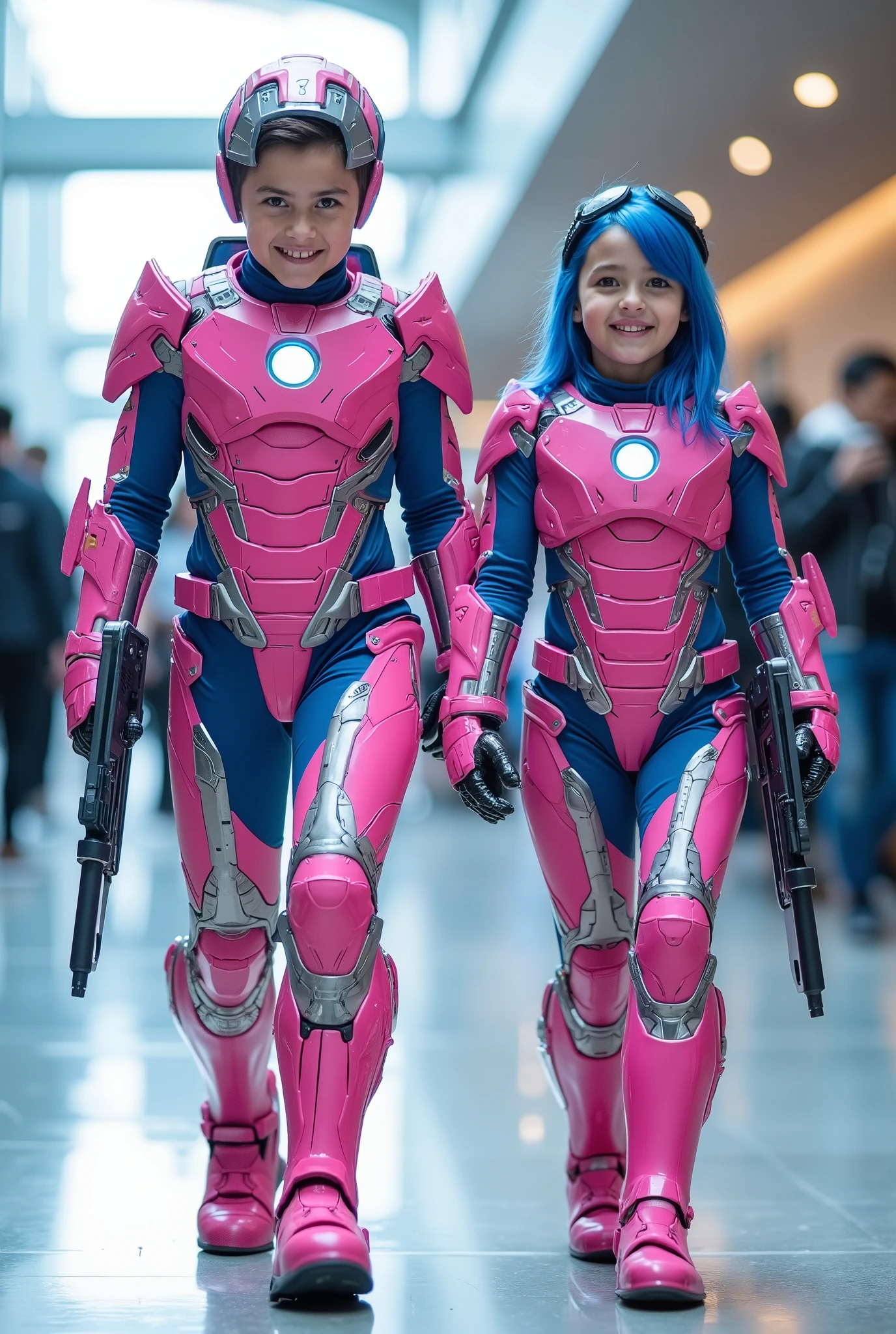 character: 1 boy With head protection , and 1 girl. They have blue hair and They have European faces.
action: Walk straight and look straight ahead.
Expression : smiling.
Costume : they Wearing futuristik pink ironman With blue and white accents . They are holding laser rifles.
Background : A bright indoor public space , with people vaguely seen in the distance, shows that this picture was taken at a fun event or get-together, maybe a convention or costume . They radiate happiness as they walk confidently in their superhero costumes. Show the whole body.