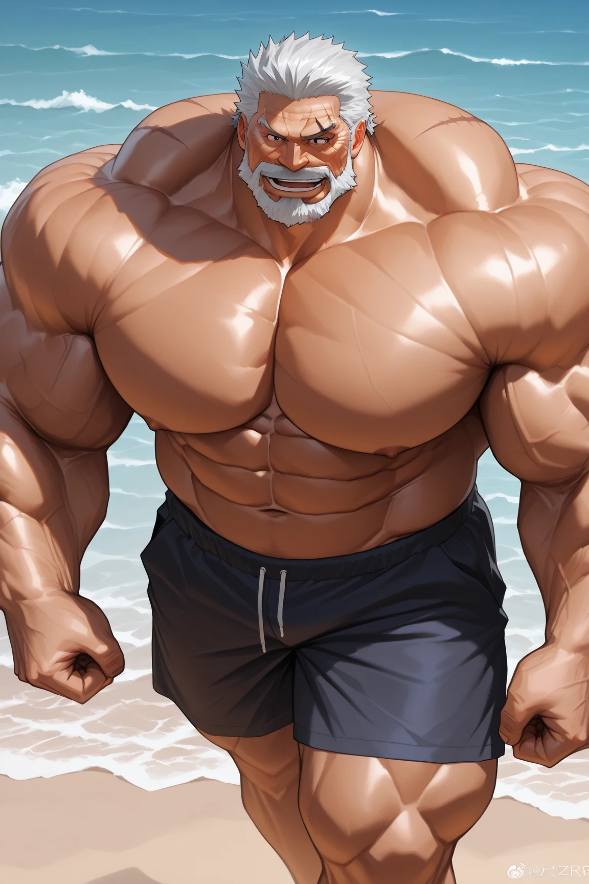 Middle-aged man, detailed face, gray hair, seductive look, mustache, masculine face, muscular body, prominent veins. He is wearing very tight sports pants showing his muscles, a big bulge, a wet white tank top.