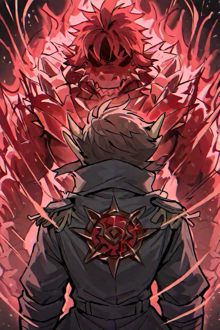 kenjaku,jjk sorcerer, GtsGiga, Gtscity, Rampage,evil,uncaring,pissed off, red aura,hands held tiward,psychotic smile,ready to crash out,Red Engery Ball,cityscape,muscular,bkack trenhcoat,Looming,twintails, domain expansion