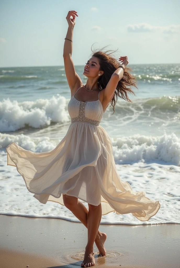 A figure twirling and spinning on the beach with its face not visible due to open curly hair, sunrise, grey and blue background soft waves, drawing watercolour effect, not realistic