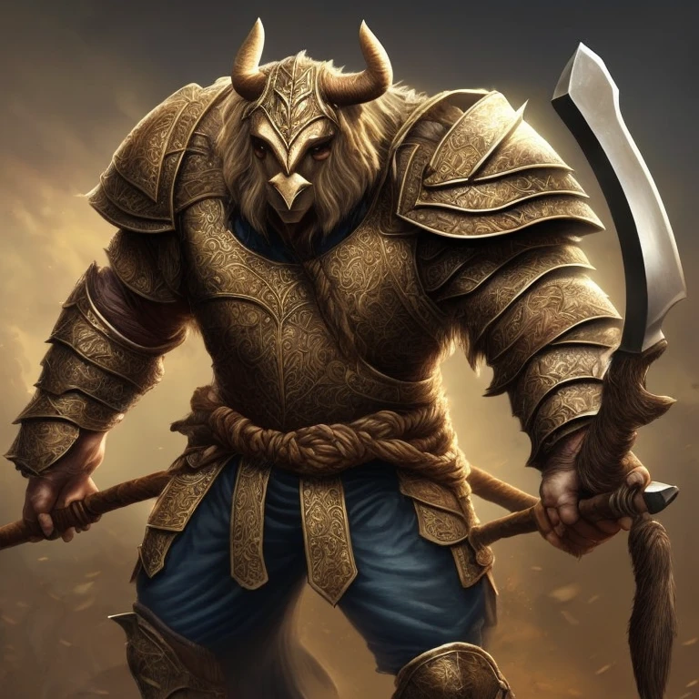 Greek minotaur knight covered in runes with fluffy hair covering eyes wielding a great sword