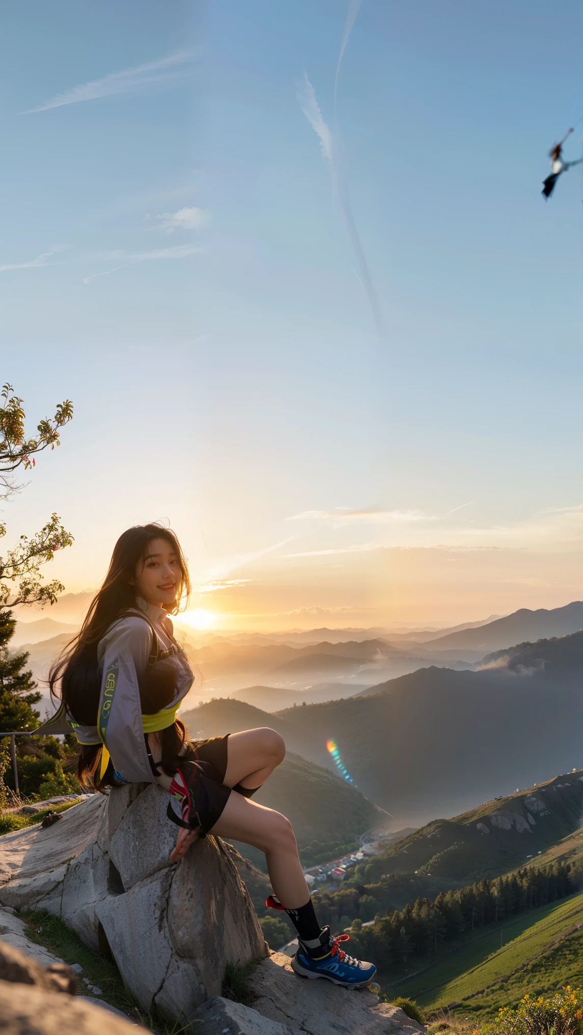no, Ray Tracing, Radio City , anisotropic filtering, 16,000, best quality, 1 wanita , sendiri, dewasa , beautiful mountaineer, seductive clothes, Gradation long hair , rock climbing equipment 、laugh、sunset、big 、 mountaintop valley