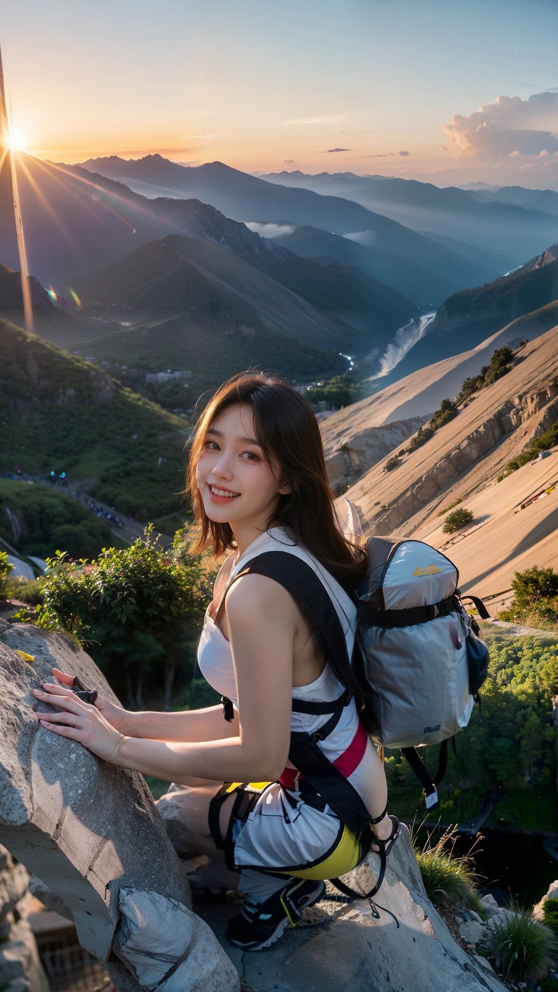 no, Ray Tracing, Radio City , anisotropic filtering, 16,000, best quality, 1 wanita , sendiri, dewasa , beautiful mountaineer, seductive clothes, Gradation long hair , rock climbing equipment 、laugh、sunset、big 、 mountaintop valley