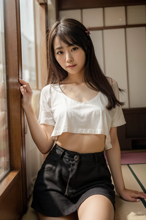 (8K、nffsw、Hi-Res)、((((a picture、Raw photography、Hyper-Realism、masterpiece、top-quality、超A high resolution))))、(Pin Light、Back lighting、Back lighting、ciinematic light)、foco nítido:1。4、(Hyper-detailing、finedetail)、cowboy shot、 1girl in、Beautiful eyes like a cat、small and slightly plump lips,,,,,,,,,、thick eyebrow、long and beautiful eyelashes。Transparent throughout makeup、Cheeksium dark brown hairstyle、Lip gloss with touch and shine)))。Random Shirt、Random and sexy poses,Random situations、large full breasts、cleavage of the breast、(((Humiliated face)))、bokeh feeling、Seoul Downtown、Crowds、20yr old、(Drooping eyes 1.5)、 Beauty、natural、Korea person、(((wearing in shirt)))、Small piercings、White panties、(((Skirt soars、Panties are visible)))、(((sexy panties)))、I keep my hair tied