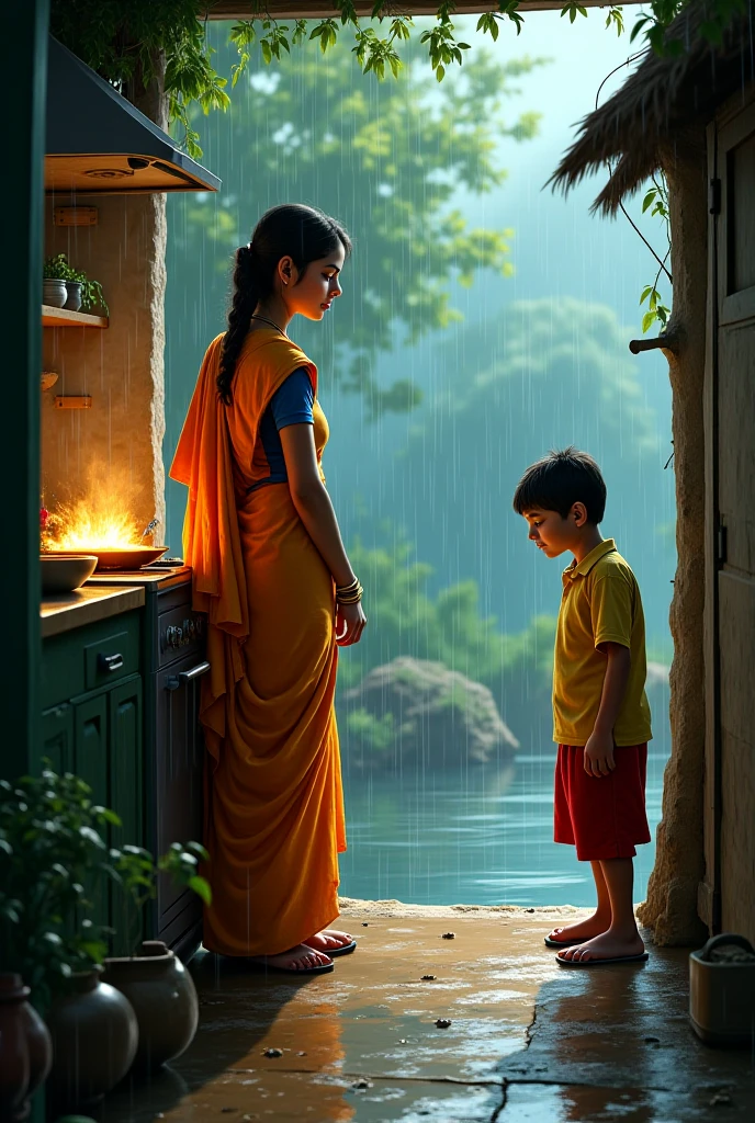 Generate a realistic photo: Chintu and His Mother in the Village**
- Image: A picturesque village with small houses, lush green fields, and a humble home where Chintu and his mother are standing. The mother is handing Chintu an old, ornate glass.