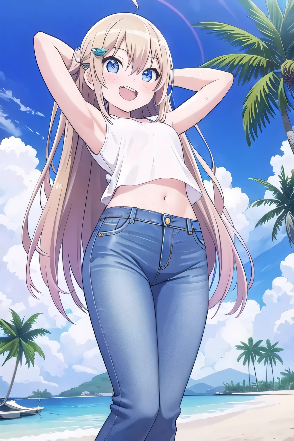 masterpiece, best quality, ultra detail, ((Perfect Face, perfect eyes, perfect hair, perfect arm)), 1girl, , petite, ((round face, ecstasy, orgasm face, drooping eyes, shame smiling, blush)), dropping eyes, sleepy, Open mouth, ((White teeth)), background((under the beach, (day:1.2), palm tree, bright sky)), miku hatsune, ahoge, (blue eyes:1.4), (dark blonde hair:1.4), crossed bangs, hair between eyes, hair ornament, (long hair:1.4), (straight hair:1.7), ((arms behind head, hands behind head, fingers behind head)), ((contrapposto)), spread armpits, looking at viewer, (light pink tank top:1.2), (light pink crop top:1.2), (jeans pants:1.2, flares jeans:1.2, skinny jeans:1.2, blue jeans:1.2), standing, (legs spread:1.4), sex pose, Sweaty crotch, Steam from the crotch, from below, whole body