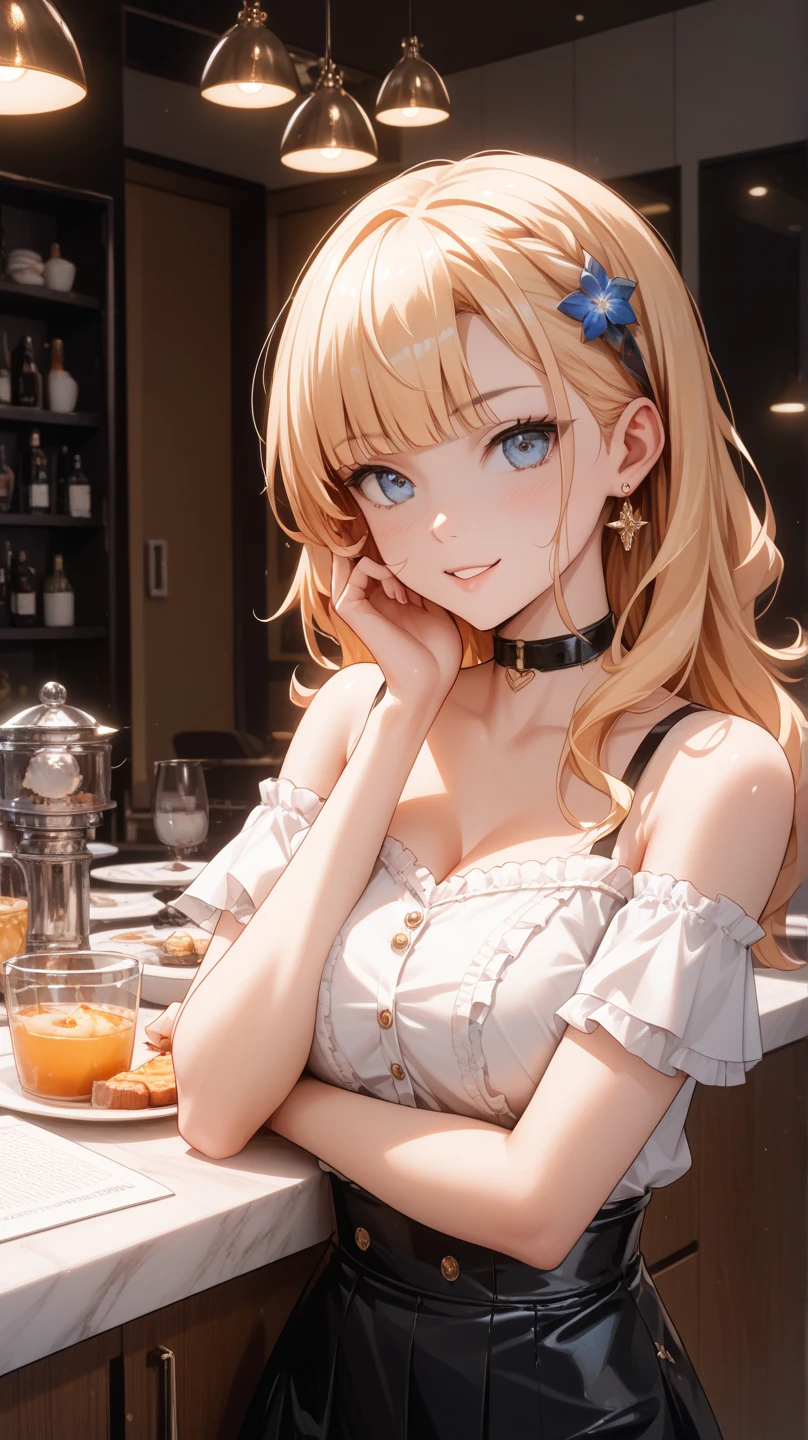 an adult girl, Blonde, blue eyes, two pigtails tied with two white bows, Dragon Ball design style, with a white dress, in an elegant restaurant at night