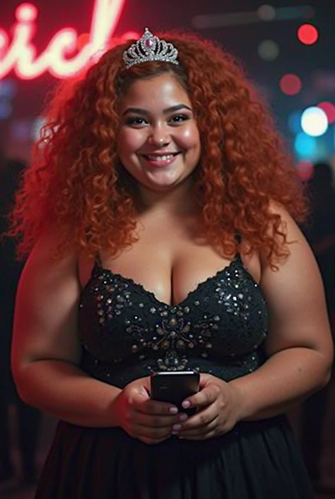 A  curly-haired with a greenish part, with a not so defined body (slightly chubby), lowrise, wearing a tight black dress 