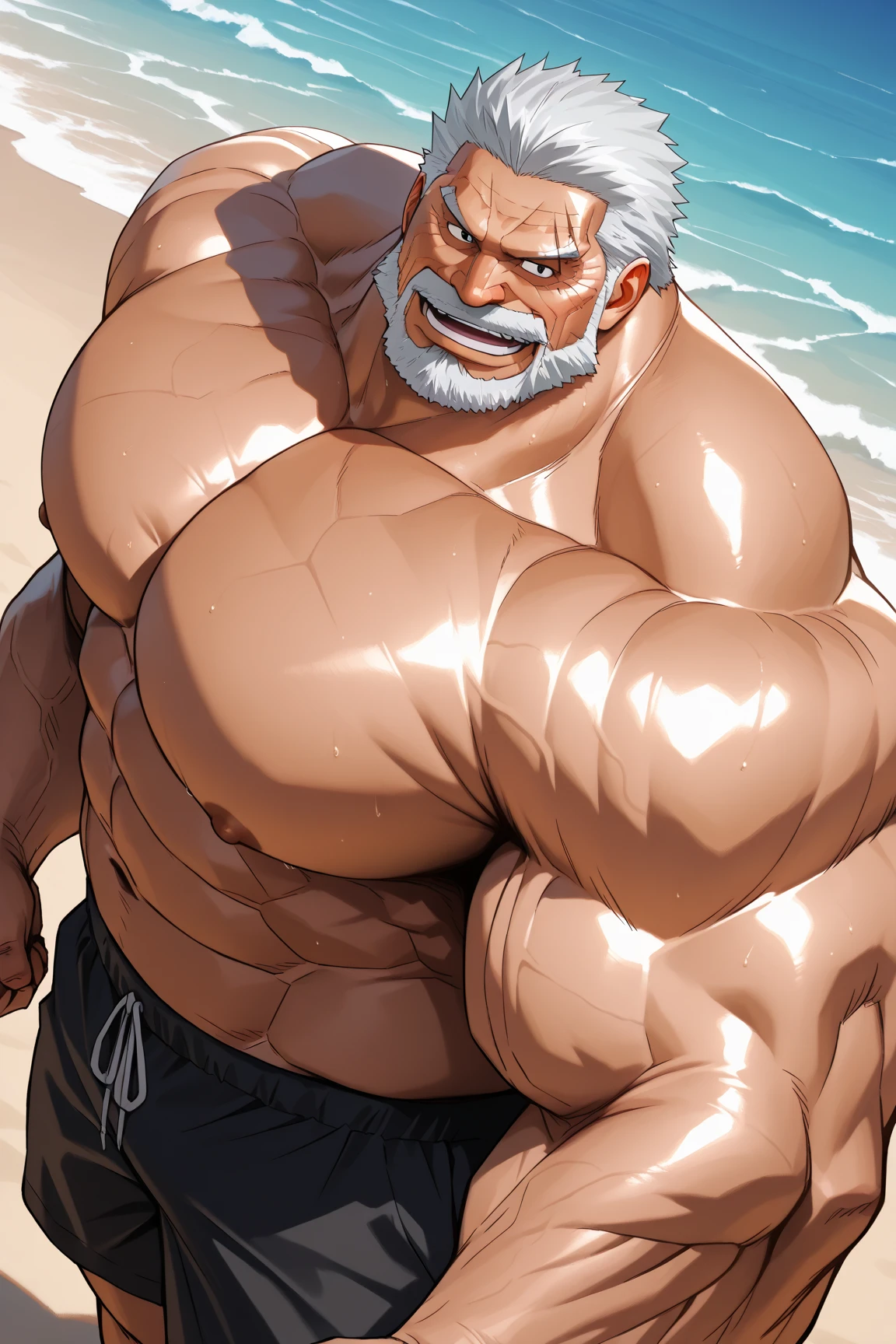 1boy, 1man, solo, gigantic, hyper detailed, (topless, shirtless, shorts cargo), well-muscled old man, bearded. ((extremely huge muscular, massive muscular, extremely muscle size, super thick arms, huge pec, hyper pec, bigger chest, extremely wide pectoral , huge arms)), wide smiling. Add textures and details to make the image more realistic, such as the appearance of the. Make sure the resulting image is high resolution, 8K quality