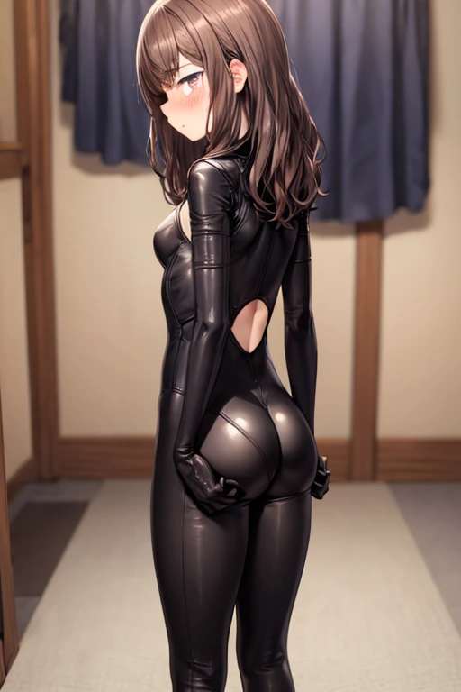 score_9_up, score_8_up, score_7_up, 1girl, solo, mature female, Sasha, looking at viewer, brown ponytail hair, brown eyes, pink lips, parted lips, fit slim body, perfect medium erected breast, (((black tight suit))), (((bedroom))), perfect model body, kneeling on the bed and showing her ass from behind