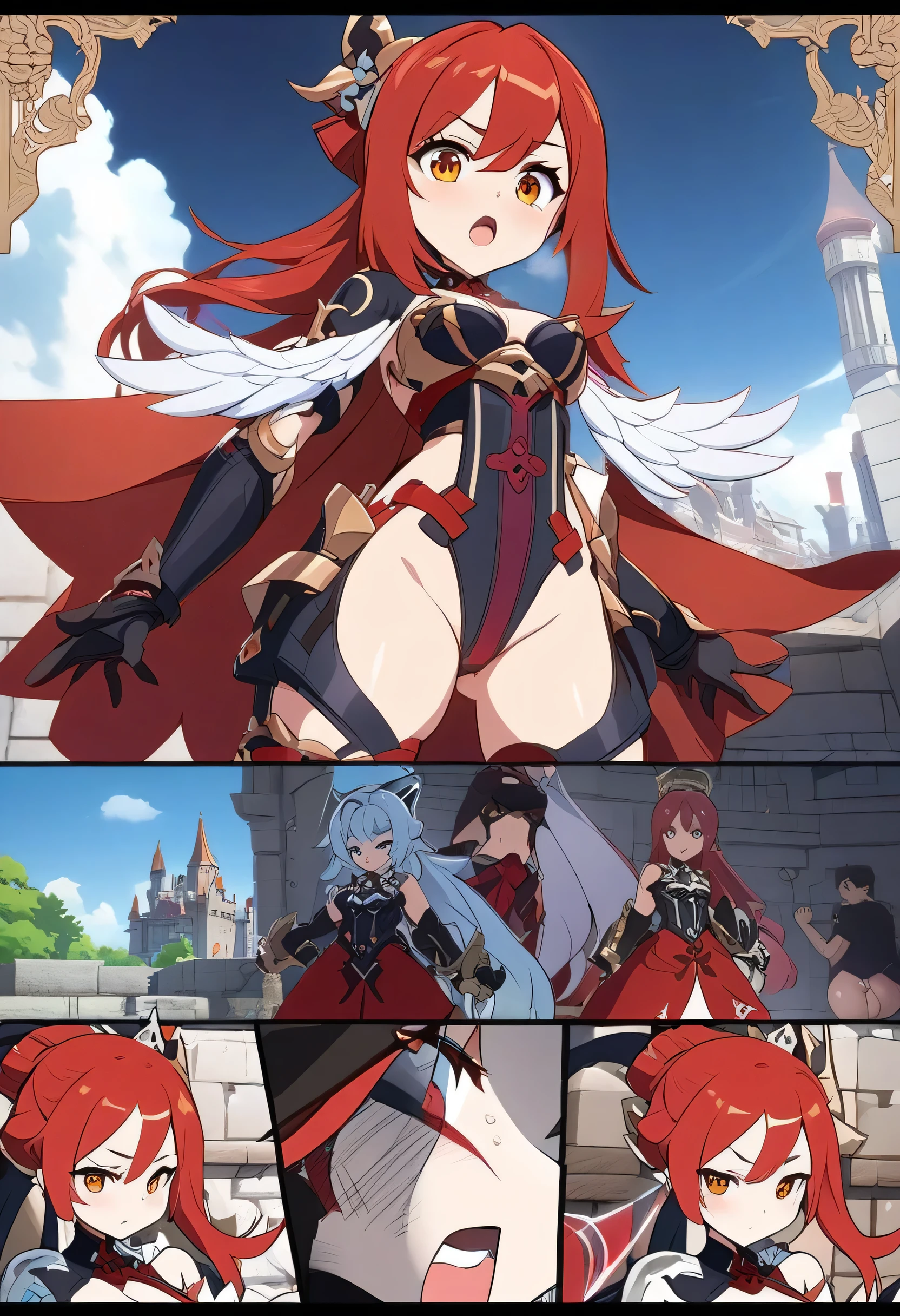masterpiece, best quality, solo, milf, high fantasy outfits, ((white background)), full body, multiple views, thong, holding weapon,
