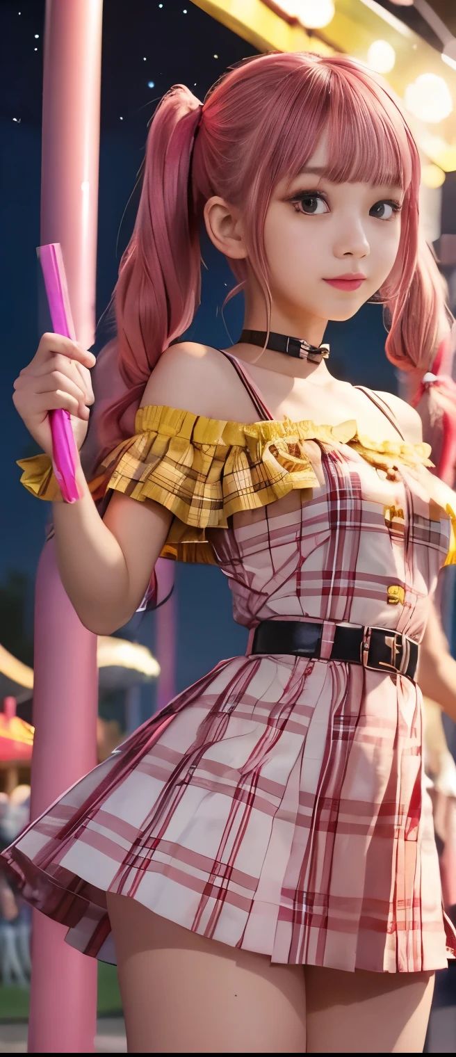 pure idol girl(pigtails)、A pure girl's face、 hypo、yellow checkered fringe mini dress(Off Shoulder)、elegant belt、Glowing Candy Sticks、Glamorous Night Amusement Park