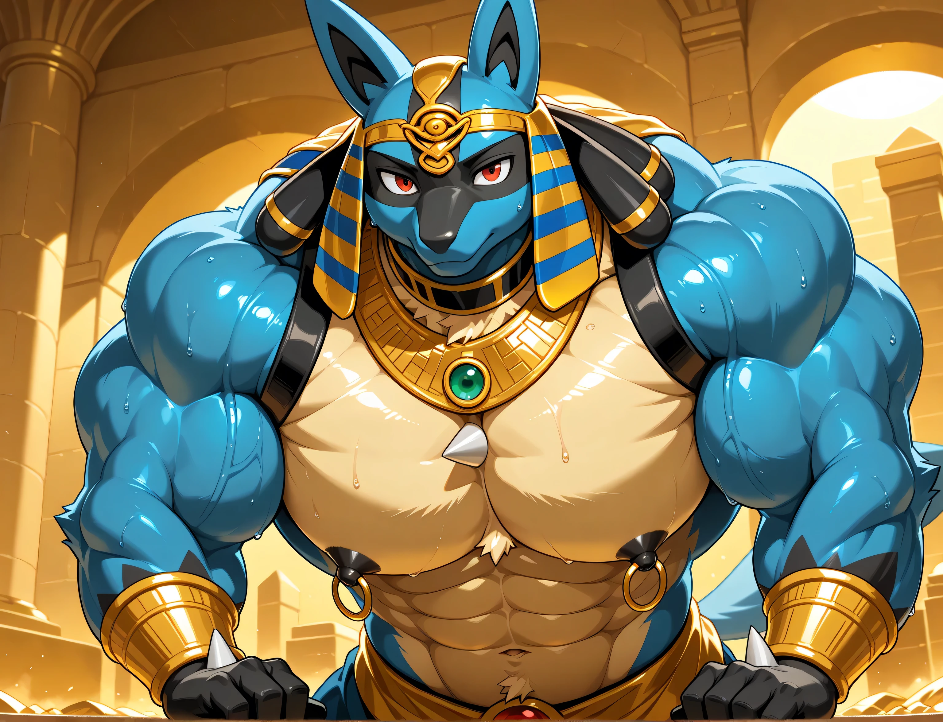 detailed background, low view, egypt, leaning forward on viewer, front view, close up, solo, score_9_up,score_8_up,score_7_up,score_6_up,score_5_up,score_4_up, BREAK kemono, bara, furry, 1boy, anthro, Lucario, Blue Fur, Chest Spike, Red Eyes, yellow chest fur with thicker patches on the collar, Spike on Hands, Two tone fur, Egyptian necklace, jewelry, huge muscular, macro, broad shoulders, male, black collar on neck, tail, male, posing, bedroom eyes, stoic, sweaty, looking at viewer, huge black nipples, huge gold nipple rings, looking at viewer, upper body shot