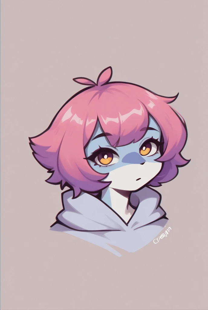 1girl, siamese cat fur, furry, medium breasts, front facing, (cream colored tanuki ears), tube top, portrait, purple background, short hair, fluffy big hair, (bright pink hair) curly hair, (((hair over eyes))), highest quality, adult, masterpiece, absurdres, (furry:1.5), curvy, cutesy, poodle tail, (kemono:1.4), saturated color, :P face