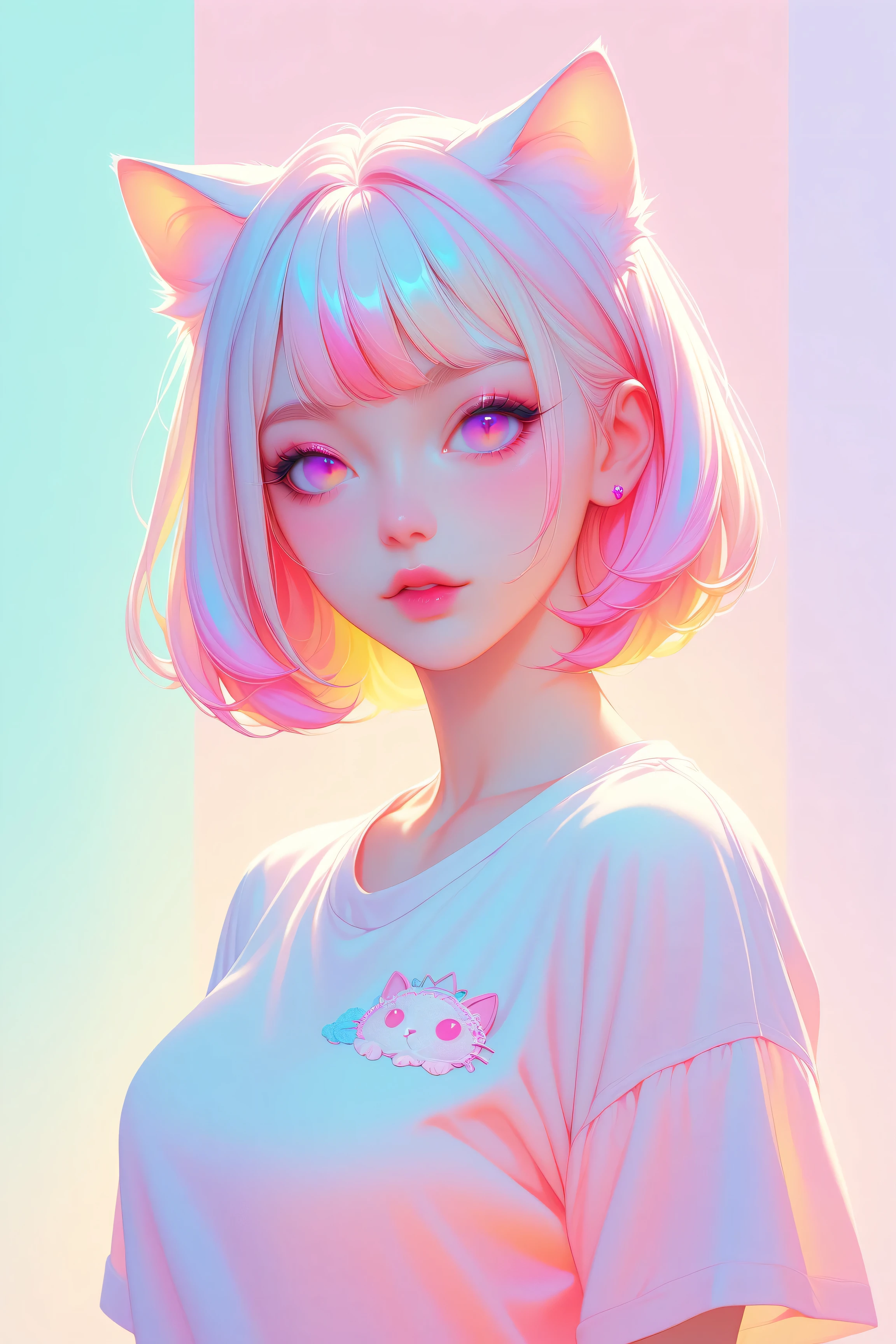 random hot and busty korean catgirl, cut bangs, cat ears, pastel color palette, no background, pastel background, colorful background, lace,