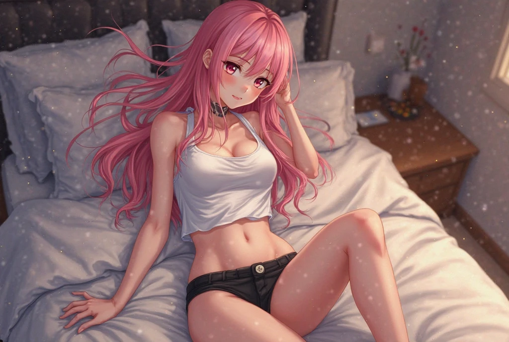 (photorealism:1.2), beautiful woman, she is standing and making a heart shape with her hands, exposing her thighs, with medium pink hair curled slightly, along with sparkling blue eyes, perfect body, anime style, cute face, hourglass figure, slightly revealing top, wearing a white wool sweater