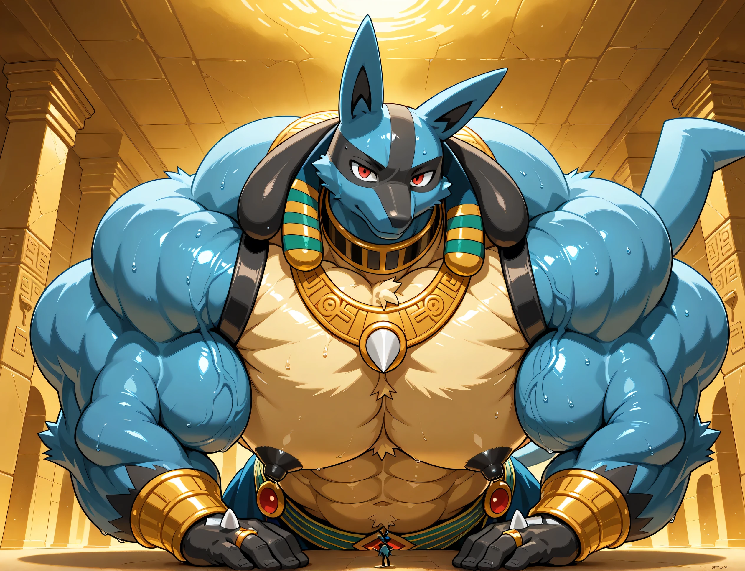 detailed background, low view, egypt, leaning forward on viewer, front view, close up, solo, score_9_up,score_8_up,score_7_up,score_6_up,score_5_up,score_4_up, BREAK kemono, bara, furry, 1boy, anthro, Lucario, Blue Fur, Chest Spike, Red Eyes, yellow chest fur with thicker patches on the collar, Spike on Hands, Two tone fur, Egyptian necklace, jewelry, huge muscular, huge arms, macro, broad shoulders, male, black collar on neck, tail, male, posing, bedroom eyes, stoic, sweaty, looking at viewer, huge black nipples, huge gold nipple rings, looking at viewer, upper body shot