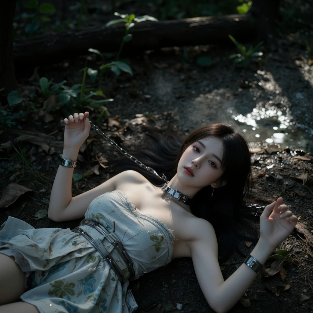 (ultra high definition, 8K, masterpiece: 1.3) ((long gray hair: 1.3)) ((pale skin: 1.3)) ((black lips)) Moist and shiny body soaked in sweat, She is surrounded by headstones and the background is a dark cemetery..,depth of field, fish eye lens, highest detail, from above, dark night, Immerse yourself in water, lay down, 렌즈방향은 from above 아래로, long dress, There is stagnant water, (lay down: 1.3), (surrounded by tombstones: 1.3), 비석사이에 There is stagnant water., look into the distance, (long neck polar dress)