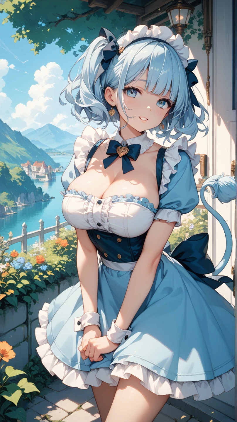 masterpiece, best quality, ultra-detailed, illustration,(1girl),beautiful detailed eyes, looking at viewer, close up, (breast focus), blue hair, shy, cat ears, sun dress, stockings, garters
