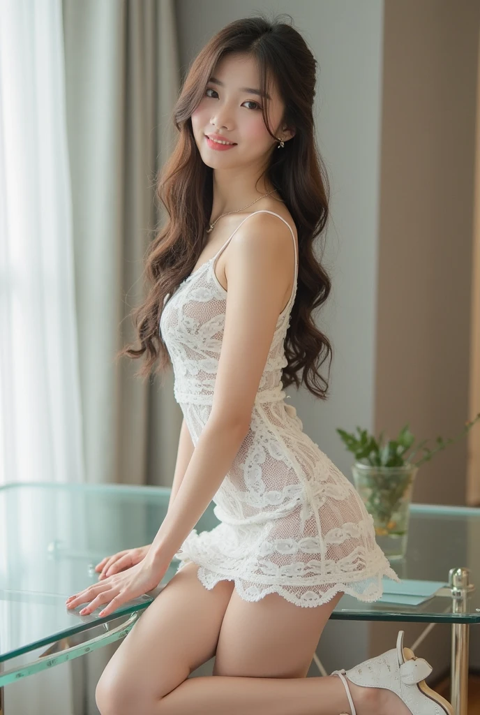 (Highest quality:1.4),(masterpiece:1.4),(Realistic:1.4),(Realistic:1.2),(超High resolution, RAW Photos:1.4),(High resolution, Very detailed:1.2),(8k:1.2),photograph,(Shot from behind:1.3)、Korean women、brown hair photos,One Woman,alone,(nude),Very large breasts,((Thigh to head shot:1.3))、(((topless、You can see her large breasts from the side.)))、((Toothy smile))、((Very large breasts:1.4))、Realistic skin textures、Slightly freckled、Slender figure、Realistic skin textures、((background,Concrete wall:1.3)),(topless,横からBreasts are visible:1.6),(Long lace slip,White)、3 woman、The angle at which the nipple is not visible、((Updo long hairstyle))、((White,Long lace slip:1.4))、Correct toes、Detailed facial features、Kneeling pose on the floor、Hands on the floor、(Long slips cover the soles of the feet:1.3),The buttocks are visible、Breasts are visible、Her breasts are visible from the side of her slip