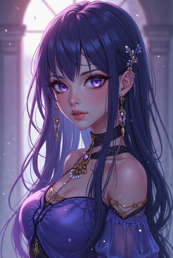 Beautiful mature woman, 1girl, purple hair, blue eyes, extremely long hair, hair covering one eye, freckles on face, happy, smiling, blushing, thick lips, full lips, gigantic breasts, extreme cleavage, deep cleavage, very thin body, sparkling blue dress, off-shoulder dress, strapless, sleeveless, white elbow gloves, tiara, heart shaped choker, perfect anatomy, beauty pageant background, detailed background, ultra-detailed, 4k, 8k, best quality, masterpiece