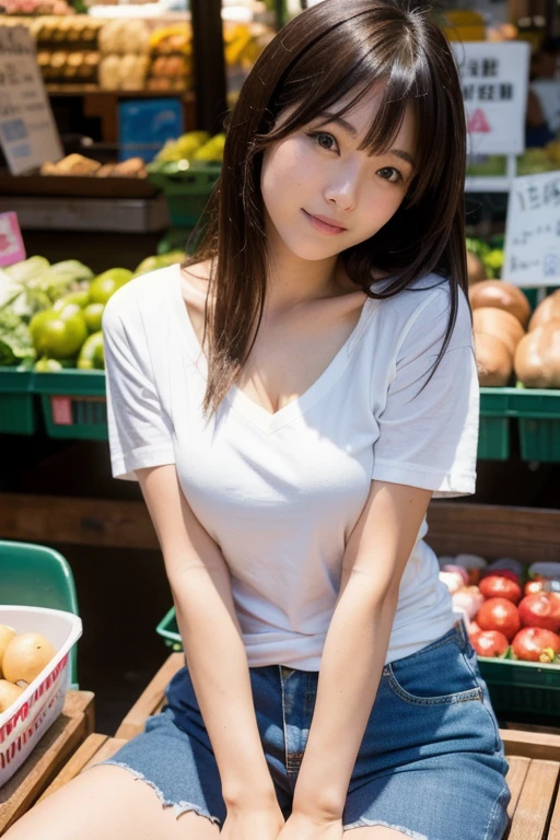 beautiful girl, (pink T-shirt:1.3, Low-rise denim skirt:1.3), (16 years:1.3), break, (Farmers' Market:1.2), break, Embarrassed laugh, Very beautiful eyes, (Symmetrical eyes:1.3), break, (D cup breasts:1.2), Brown eyes, Parted bangs, Brown bob cut hair:1.3, Round face, cute, break, (Eye and facial details:1.0), Spread your legs:1.3, Shooting from below, Pussy Line, Camel Toe, Looking into the camera, masterpiece, Highest quality, RAW Photos, Realistic, cute人々, Written boundary depth, High resolution, Very detailedな, In detail, Very detailed, Very detailed, Sharp pupils, Cinema Lighting