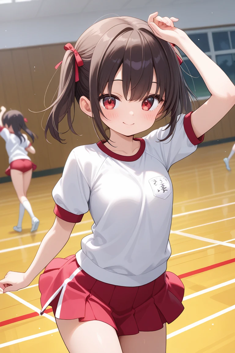 Reimu Hakurei, (Brown eyes:1.5), Brown Hair, bow, hair bow, Hair Tube, Long Hair, red bow, Side Lock, (((Slender body)))、(Navy blue cuffs and white short-sleeved gym uniform)、(Navy Blue Bloomers)、(
barefoot)、Navy blue socks、sports boots、Ground、Schoolyard、Sexy pose、
BREAK Watch Viewers,blush、
Full Body Shot,Smile Break (masterpiece:1.2), Highest quality, High resolution, unity 8k wallpaper, (figure:0.8), (Beautiful attention to detail), Highly detailed face, Perfect lighting, Highly detailed CG, (Perfect hands, Perfect Anatomy),Dynamic pose,