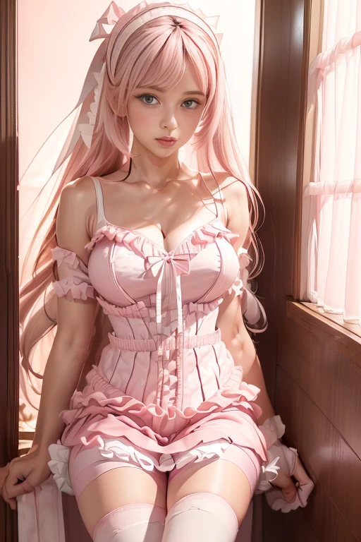 tmasterpiece， best qualtiy， ultra - detailed， illustratio， （1girl）， Beautiful detailed eyes， looking at viewert， closeup cleavage， （breasts focus）， Pink hair， is shy， White maid outfit， stocklings， a garter belt， eBlue eyes， upper legs