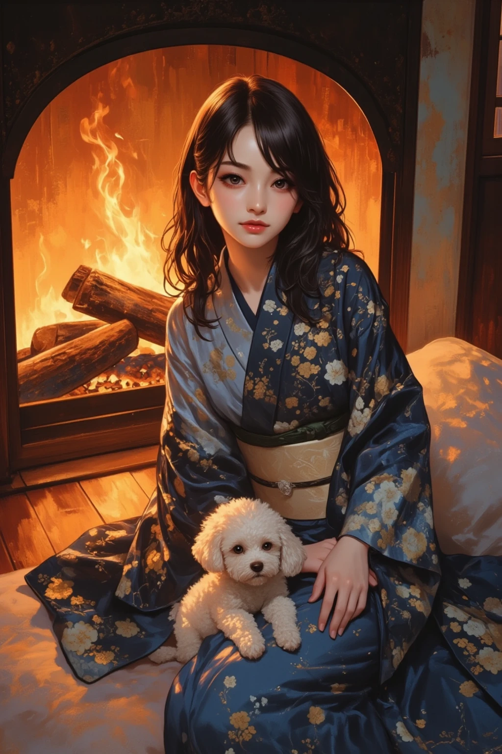 Illustration of a woman in a kimono and a toy poodle lying down in front of a warm fireplace、Sleep snuggle 、anatomically correct、dark eyes、black hair、long hair、wave hair、VERY DETAILED、peaceful、gentle atmosphere、fluffy、 twinkle、bokeh、Highest quality、best quality、masterpiece:1.4、high definition、absurd、DR34ML4ND's