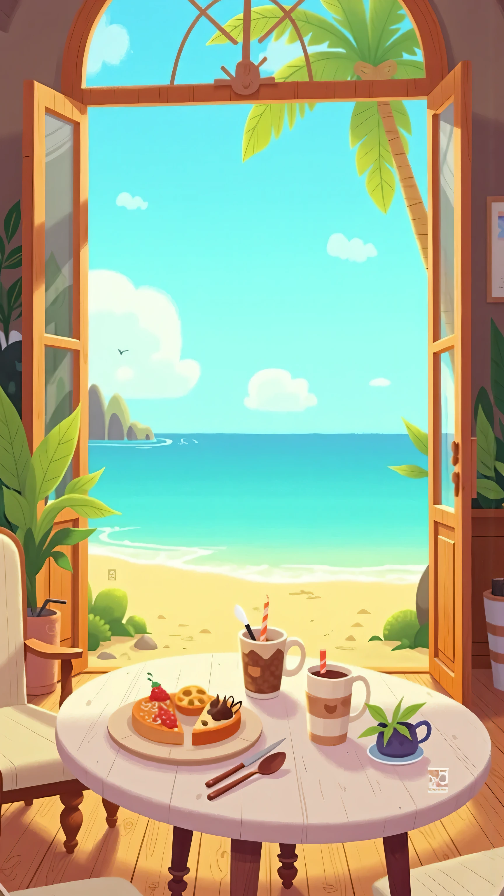 frontal footage ,Medium shot,At the entrance of the hotel;on a white table with blue sky and white clouds in the background, seaside beach;has a peaceful holiday atmosphere,Art style is clean、dream、warmth, illustration style ,webcartoon art style,to give people a sense of serenity and comfort