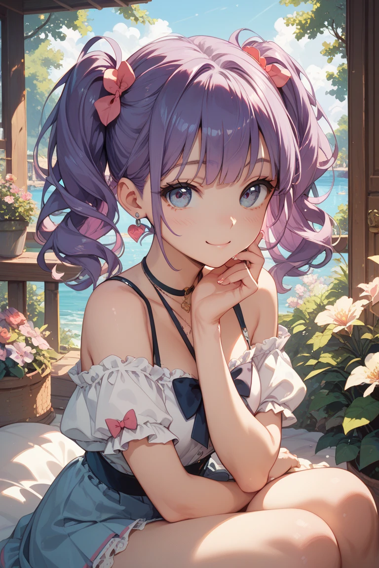 ((Masterpiece)), ((best quality)), ((kawaii)), ((extremely detailed)), 4K, (8K), (super detail:1.2), (High Definition:1.3), (Professional Photography:1.2), cinematic lighting, (very aesthetic:1.2), (absurdres:1.2), (sharp focus), (perfect light), ((1girl)),((12 years old)), (1girl), cute young girl, (naughty smile), ((sticking out tongue)), (Beautiful deep purple eyes:1.2), (put on cat ears), girl, (Embroidered cute camisole), small breast, Healthy skin, (Healthy slim body), shortpants, pudgy cheeks, BREAK, ((best quality)), (very aesthetic:1.2), (absurdres:1.2), ((extremely detailed)), (loose blunt bangs), ((loose braids)), medium hair, ((beautiful pale brown hair)), 🌈, ((Eating vanilla ice cream)), loose sitting on chair, ice cream on the café terrace, (the Midsummer Cafe Terrace), Large Cumulonimbus Clouds, pastel colors clouds, kawaii, cute colors,