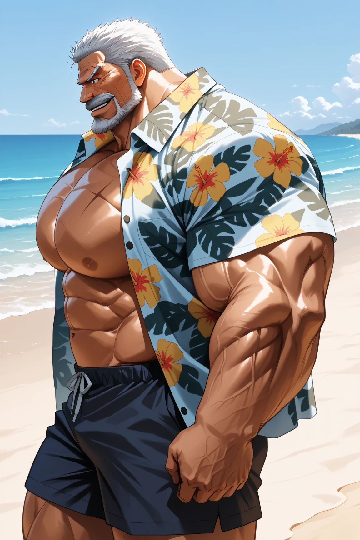 huge muscular old man in street city, old man, thick arm, huge arm, bearded. white hair and beard, bearded, (muscular, pectoral, wide pectoral, thick arms), beach, palm, realistic, 8k, masterpiece, (wearing shorts and white Hawaiian shirt, shoes)