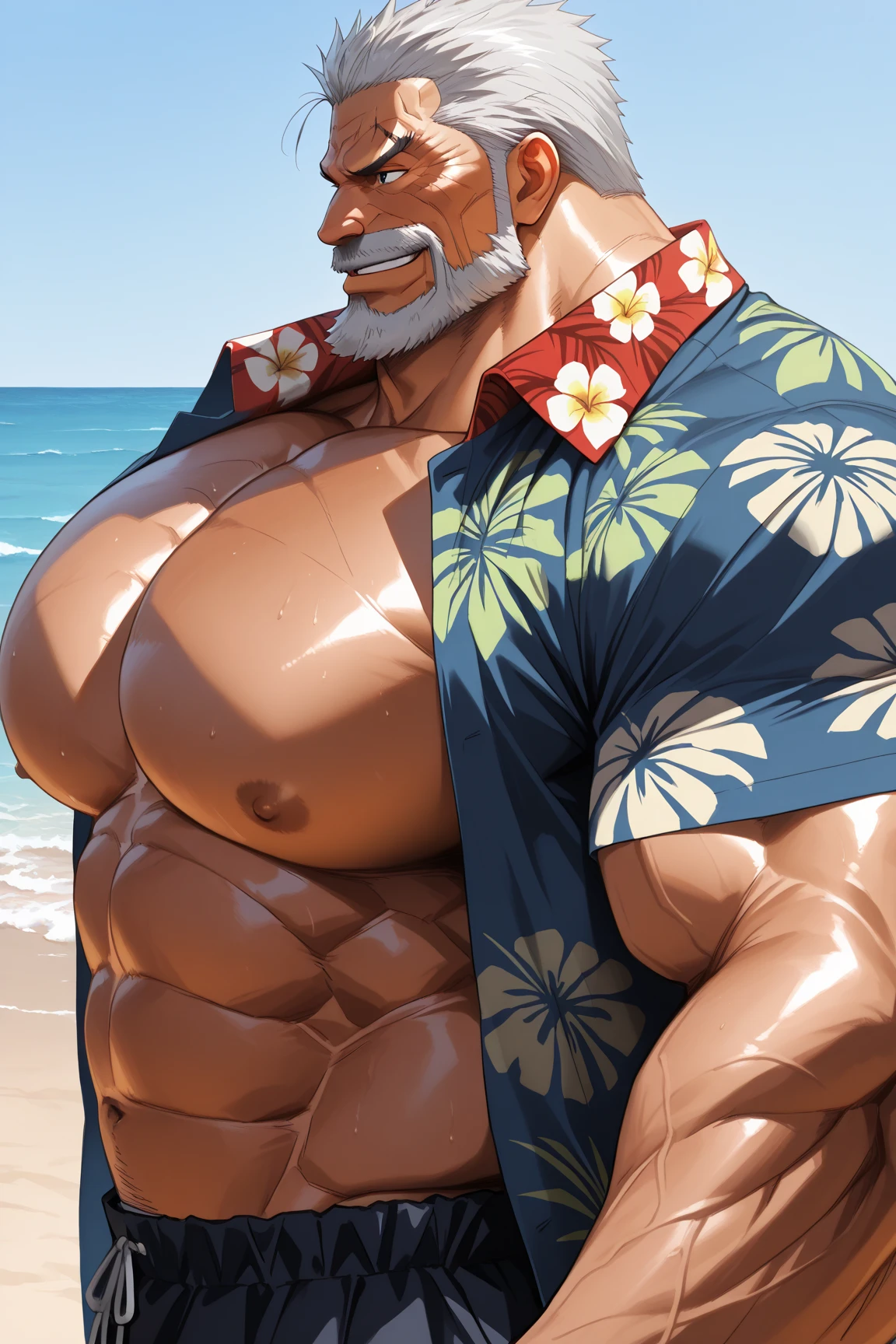 Super muscular adult boar beastman,(Wear Hawaiian traditional clothing:1.7),Open your mouth and stick out your tongue,(Surrounded by erect men:1.2),(a large amount of semen on the face and body,:1.8),Southern Island,(Deep Throat:1.5),Brown fur,Black hair and beard,Anal Sex,Kneeling,Tattoo,Close ~ eyes