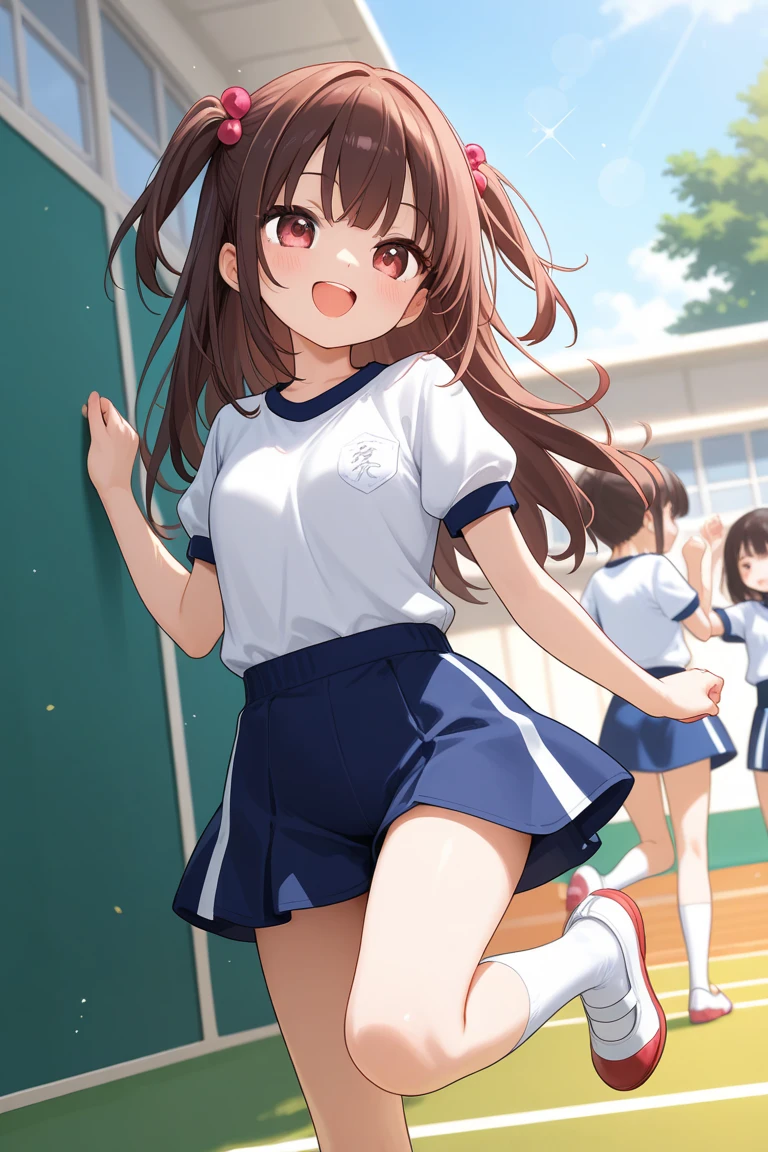 (8k, RAW photo, best quality, masterpiece, highres, absurdres, ultra detailed:1.3), (Photography, realistic, photo-realistic:1.4), (beautiful natural lighting, beautiful deatailed shadow, beautiful detailed glow :1.4), atmospheric,
BREAK 1 beautiful girl,(Cute:1.5),(Chibi:0.5),(kawaii:2),(Loli:2),(7 year old girl),(Solo:1.65),BREAK,(flat chest:1.2,),Clear skin,Beautiful skin,Shy,One beautiful,Colossal tits,BREAK (Hair Bow, reddish brown hair, Twin-tail:1.55),(Brown eyes, long eyelashes, Double eyelids:1.4),Shiny skin,BREAK,Star \(symbol\, (gloves, White Gloves:1.3), (bug, Dress,polka dot:1.3) ,(bear foot:1.2), (grin,blush:1.45),
BREAK
(gym clothes,white t-shirt,sports shorts:1.2), Cotton t-shirt, (bouncing breasts,unaligned breasts:1.4), BREAK ,(running,track,school yard,Athletic field,Banner of all nations,clear blue sky,autumn,natural light natural sunlight,motion blur,motion lines,dynamic angle:1.4),
BREAK wakame,wakame,wakame,(cowboy shot, from side:1.4), BREAK manga illustration,manga style,