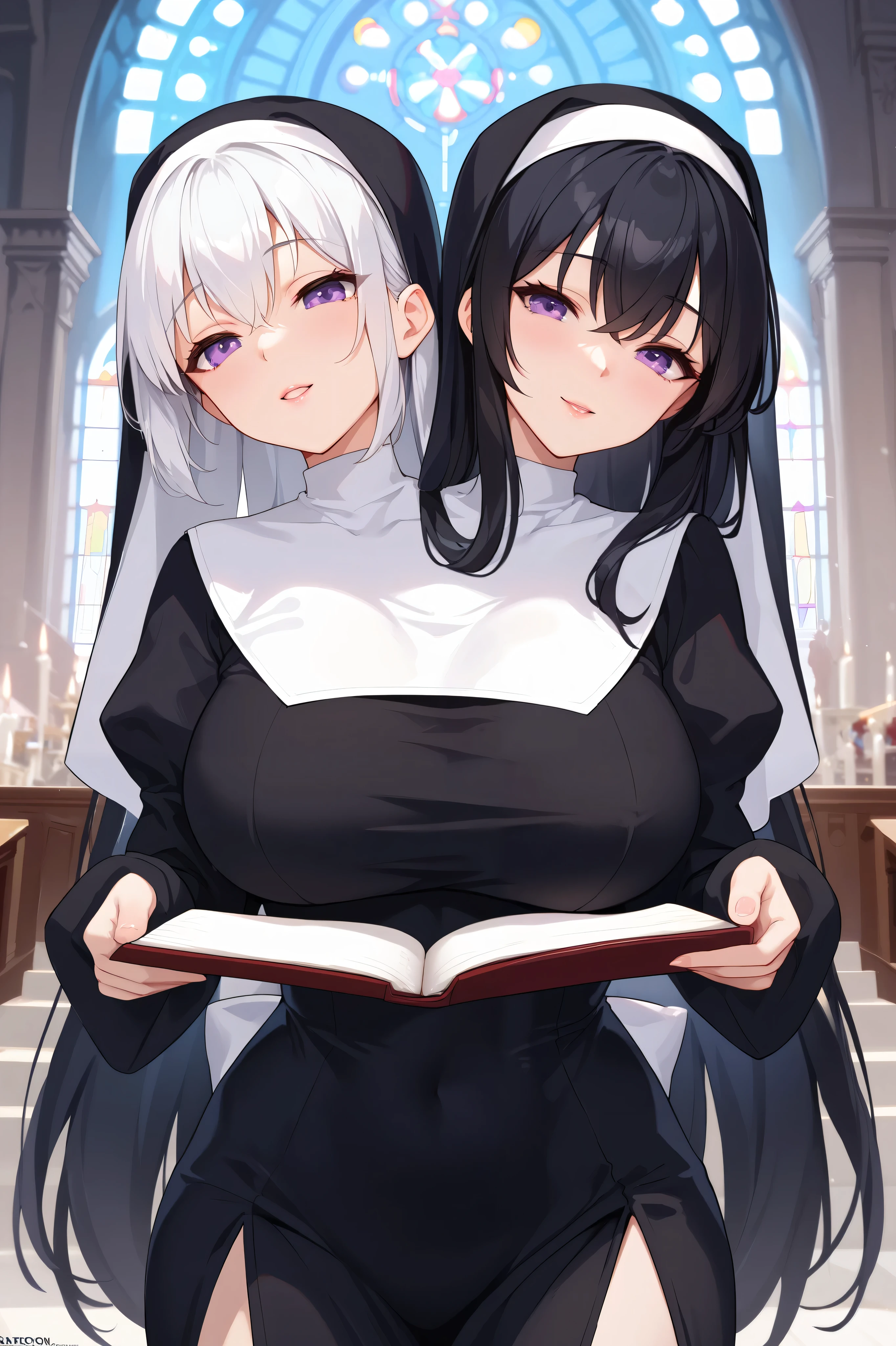 ultra-detailliert, Best Quality, High resolution, ((Two cute s with big faces and black hair.))、Pretty eyes、Detailed eye depiction、Eye sparkle、Sareme、Looking at Viewer, pale skin、(((Petite))), (Naked Wedding Dresses)、(flat chest), (big glasses), (blush:1.2), (big eye:1.5), Shy smile, NSFW, In a church, Focus on the face, Long hair, ((The upper part of the body))、from side