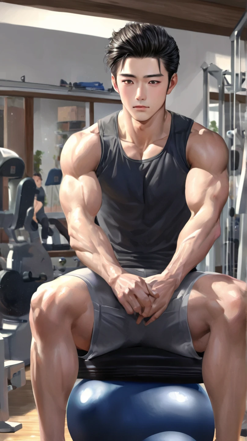 arafed man sitting on a bench in a gym with a necklace on his neck, muscular thighs, sporty physique, muscular body, sexy muscular body, lean but muscular, muscular bodies, chest legs, prefect body, muscular legs, fitness model, lean and muscular, attractive body, muscular build, ripped, strong and muscular, with abs, slender and muscular build