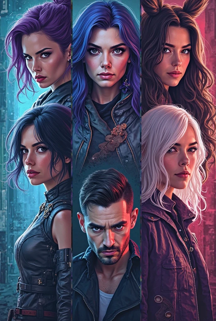 arte para camiseta, 2D, ((fundo preto :1, 5)), vetor, cores vivas, personagens da roupa cyberpunk, diversidade de racas, obra-prima, melhor qualidade, detalhes intrincados, perfect symmetrical face, detalhes realistas, gothic theme, luz da borda, luar, cinematic shading, Greg Rutkowisk