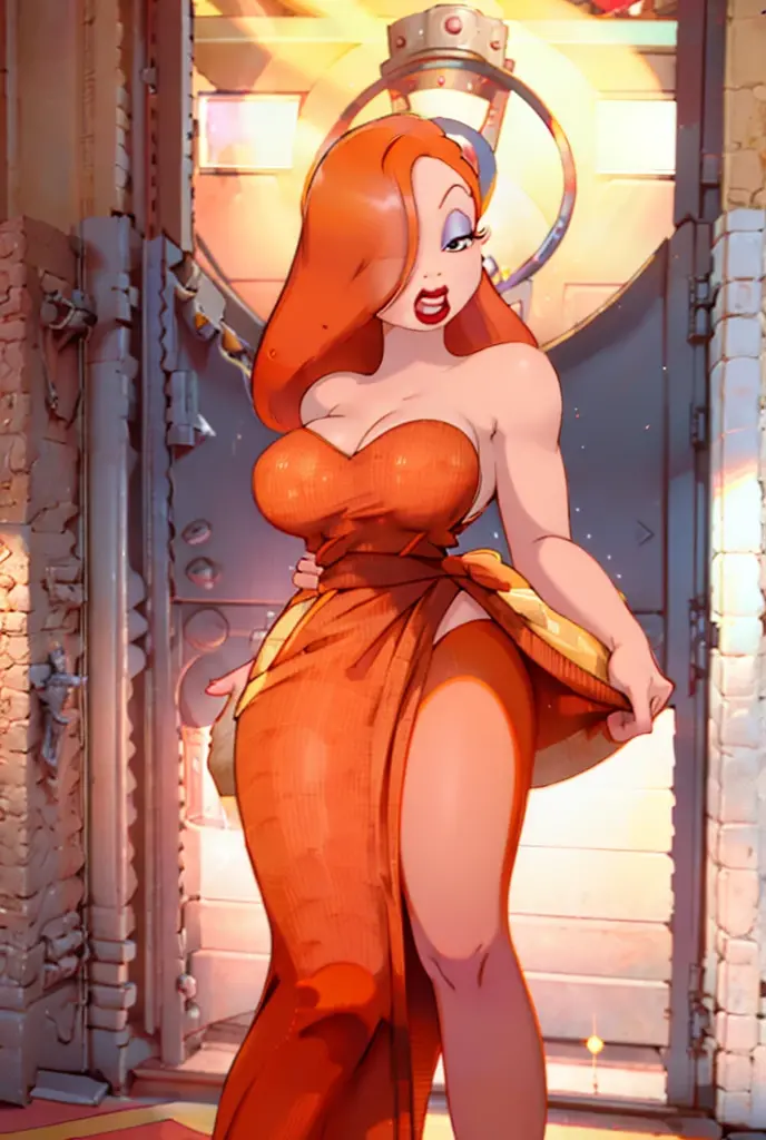 high quality,ultra quality 8k, ultra 4k,masterpiece, Orange hair, a tall woman, by the wide , One eye is hidden by hair, dark purple eyeshadow , Red lipstick, Detailed photos, beauty, attractive body, perfect anatomy of the human body, Jessica rabbit, correct anatomy Bodysuits, Bright red long dress, Dresses with slits up to the waist, Sparkly red sequin dress, Perfect facial balance, long eyelashes, sexy eyebrows, side glance, wide shoulders, Proudly stand up straight, big breasts hands on waist, Soft and sexy look, black pantyhose, The background is a black and white movie set.