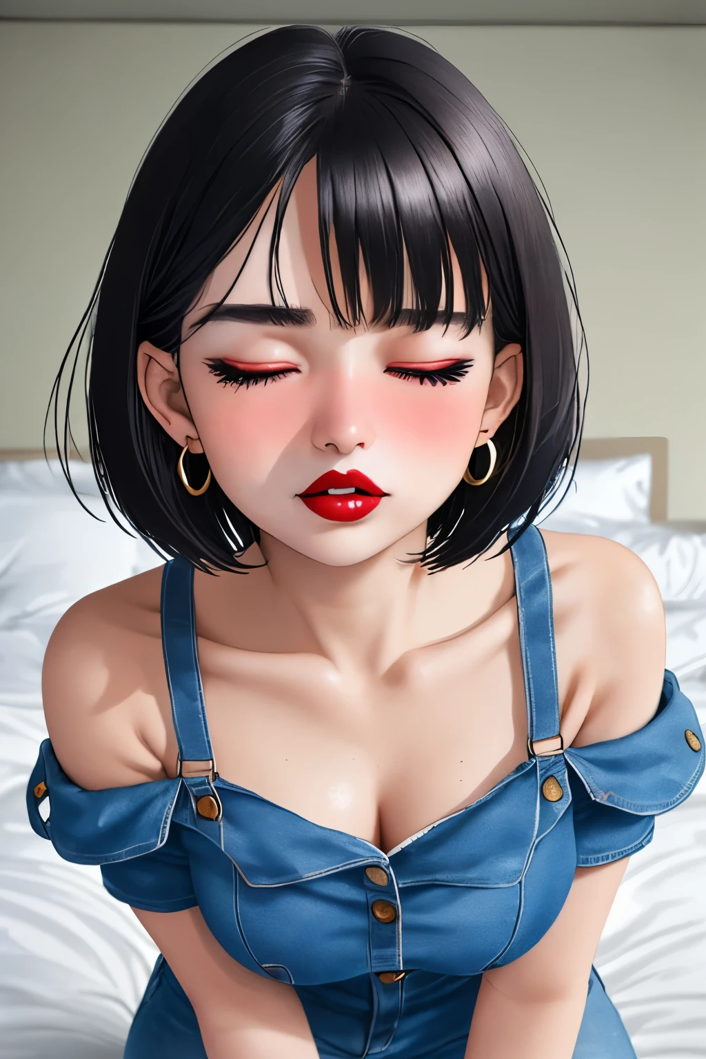 Upper Body, Young Woman, 20 Years Old, Beautiful Face, Highly Detailed Face, Highly Detailed Skin Texture, Fine Eyes, Brown Eyes, Double Eyelid, Thin Eyebrows, Glitter Eyeliner, Natural Cheeks, Shiny Skin, Green T-Shirt, Denim Shorts, Earrings, Glossy Lips, Parted Lips, Enchanting Smile, Short Hair, Bob, Focus On Chest, Focus On Face, Upper Body Shot, Off-Shoulder T-Shirt, Small Breasts, Lying On Bed, High Resolution, Accurate, Anatomically Correct, Best Quality, High Details, High Quality, Super Detailed, Textured Skin, Black Hair, Breasts, Hoop Earrings, Blush, Parted Lips, Makeup, Nose Blush, Heavy Breathing, Light Blush, Full-face Blush, Red Lips, Flustered, Half-Closed Eyes, Naughty, Naughty Face, Close-Up, Depth Of Field, Short Hair, Bob Cut