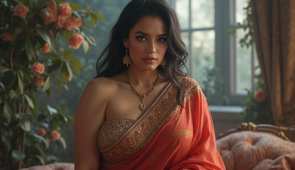 Kriti sanon in saree showing hips and navel , no lose hair, pinned hair,sitting, room , wall, low quality picture, poor quality, realistic, skin texture, bad quality picture