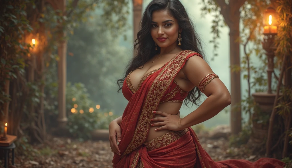 a woman in a wear Properly traditionally Indian red saree posing in front of pumpkins, Indian goddess, red bra, indian, close full body shot, in a halloween style, close body shot, full body shot close up, she is a gourd, persian queen, full body close-up shot, y girl with dark complexion, close up half body shot, attractive curves, (cinematic:1.3), intricate details, (ArtStation:1.2),