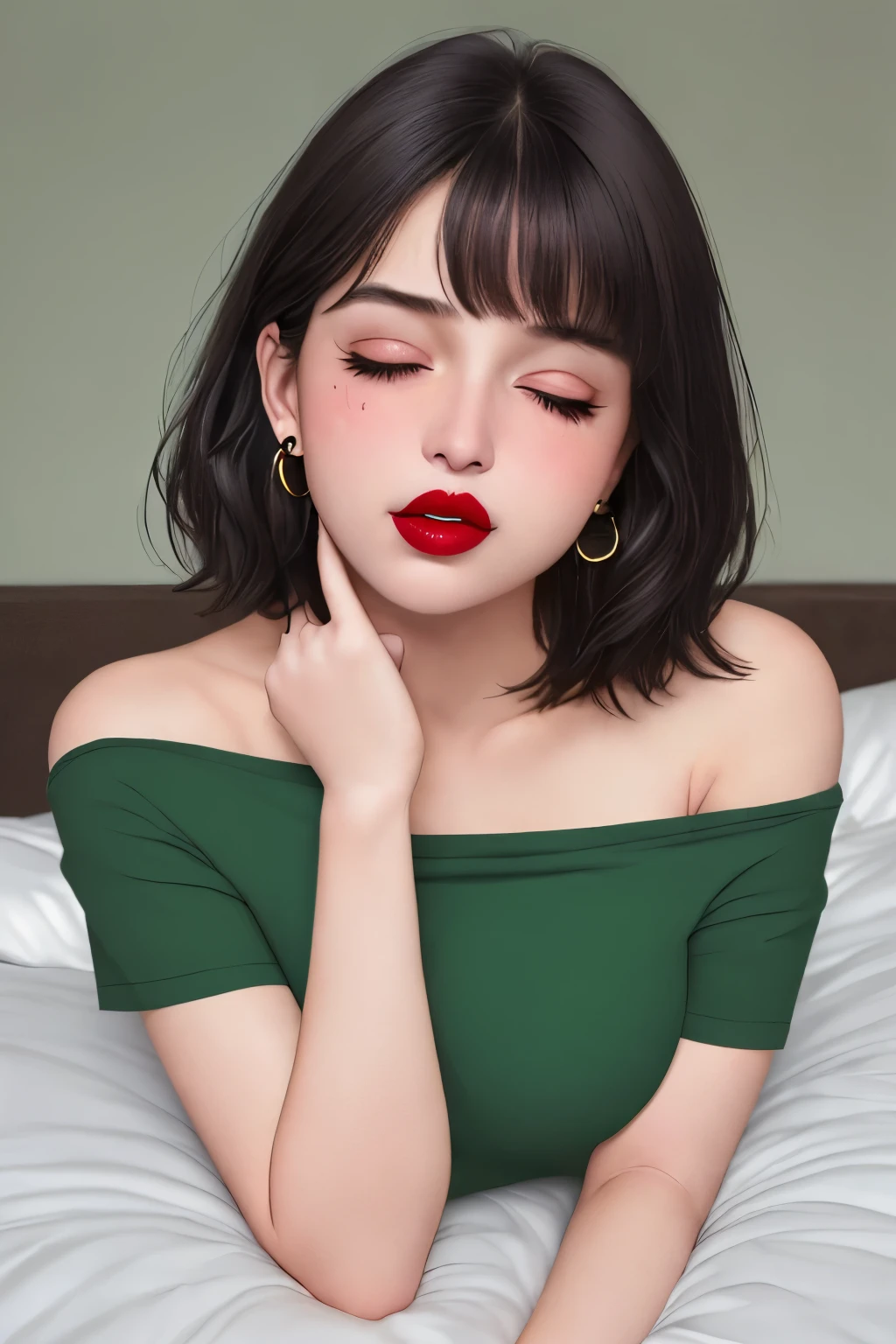 Upper Body, Young Woman, 20 Years Old, Beautiful Face, Highly Detailed Face, Highly Detailed Skin Texture, Fine Eyes, Brown Eyes, Double Eyelid, Thin Eyebrows, Glitter Eyeliner, Natural Cheeks, Shiny Skin, Green T-Shirt, Denim Shorts, Earrings, Glossy Lips, Parted Lips, Enchanting Smile, Short Hair, Bob, Focus On Chest, Focus On Face, Upper Body Shot, Off-Shoulder T-Shirt, Small Breasts, Lying On Bed, High Resolution, Accurate, Anatomically Correct, Best Quality, High Details, High Quality, Super Detailed, Textured Skin, Black Hair, Breasts, Hoop Earrings, Blush, Parted Lips, Makeup, Nose Blush, Heavy Breathing, Light Blush, Full-face Blush, Red Lips, Flustered, Half-Closed Eyes, Naughty, Naughty Face, Close-Up, Depth Of Field, Short Hair, Bob Cut, Laying Down On Bed, Face Up, Head On Pillow