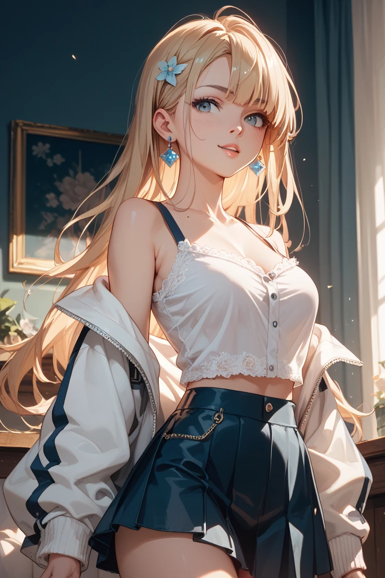 Pure white shirt,Blonde long hair,Small Bust,Cleavage,mini skirt,White panties