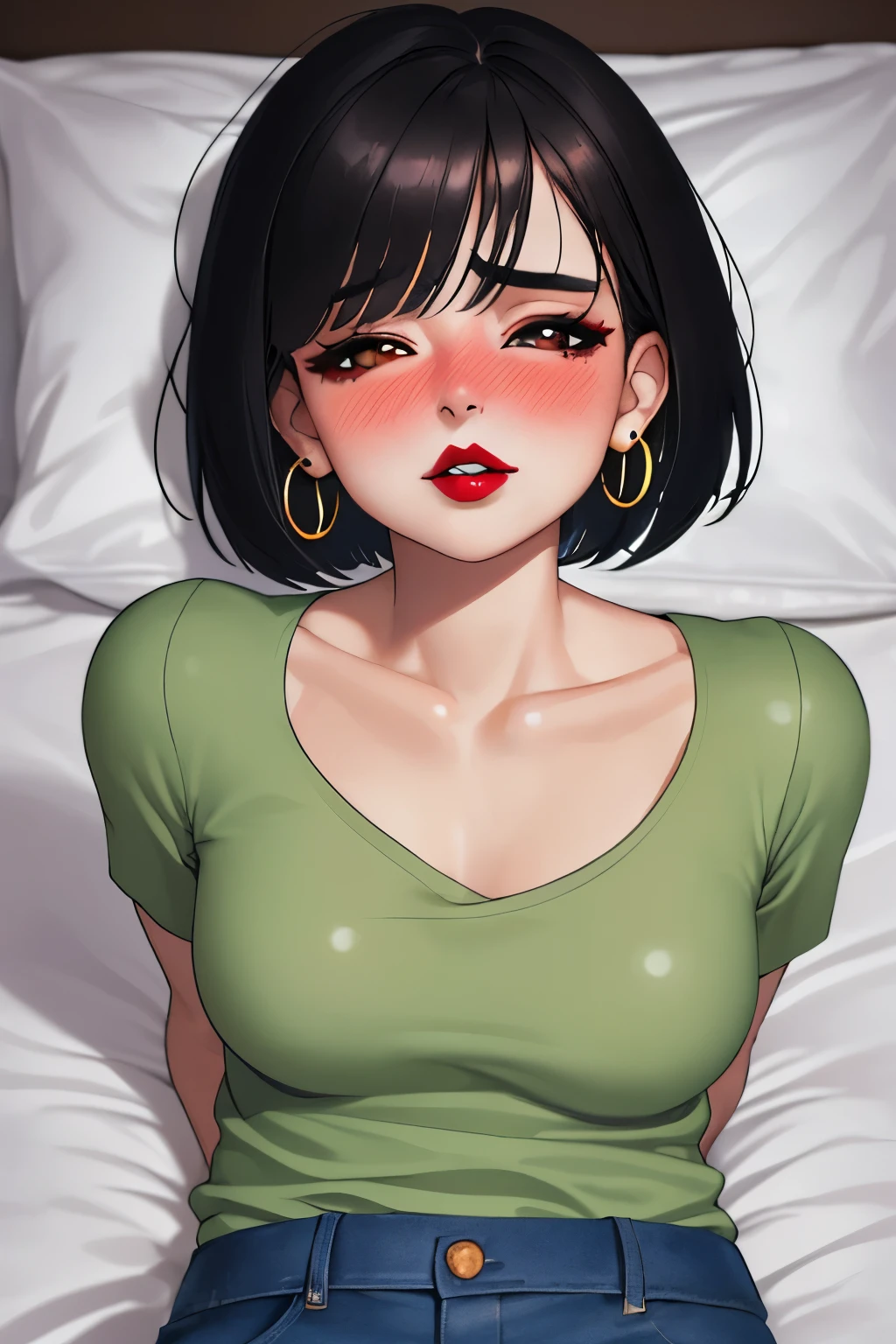 Upper Body, Young Woman, 20 Years Old, Beautiful Face, Highly Detailed Face, Highly Detailed Skin Texture, Fine Eyes, Brown Eyes, Double Eyelid, Thin Eyebrows, Glitter Eyeliner, Natural Cheeks, Shiny Skin, Green T-Shirt, Denim Shorts, Earrings, Glossy Lips, Parted Lips, Enchanting Smile, Short Hair, Bob, Focus On Chest, Focus On Face, Upper Body Shot, Off-Shoulder T-Shirt, Small Breasts, Lying On Bed, High Resolution, Accurate, Anatomically Correct, Best Quality, High Details, High Quality, Super Detailed, Textured Skin, Black Hair, Breasts, Hoop Earrings, Blush, Parted Lips, Makeup, Nose Blush, Heavy Breathing, Light Blush, Full-face Blush, Red Lips, Flustered, Half-Closed Eyes, Naughty, Naughty Face, Close-Up, Depth Of Field, Short Hair, Bob Cut, Laying Down On Bed, Face Up, Head On Pillow